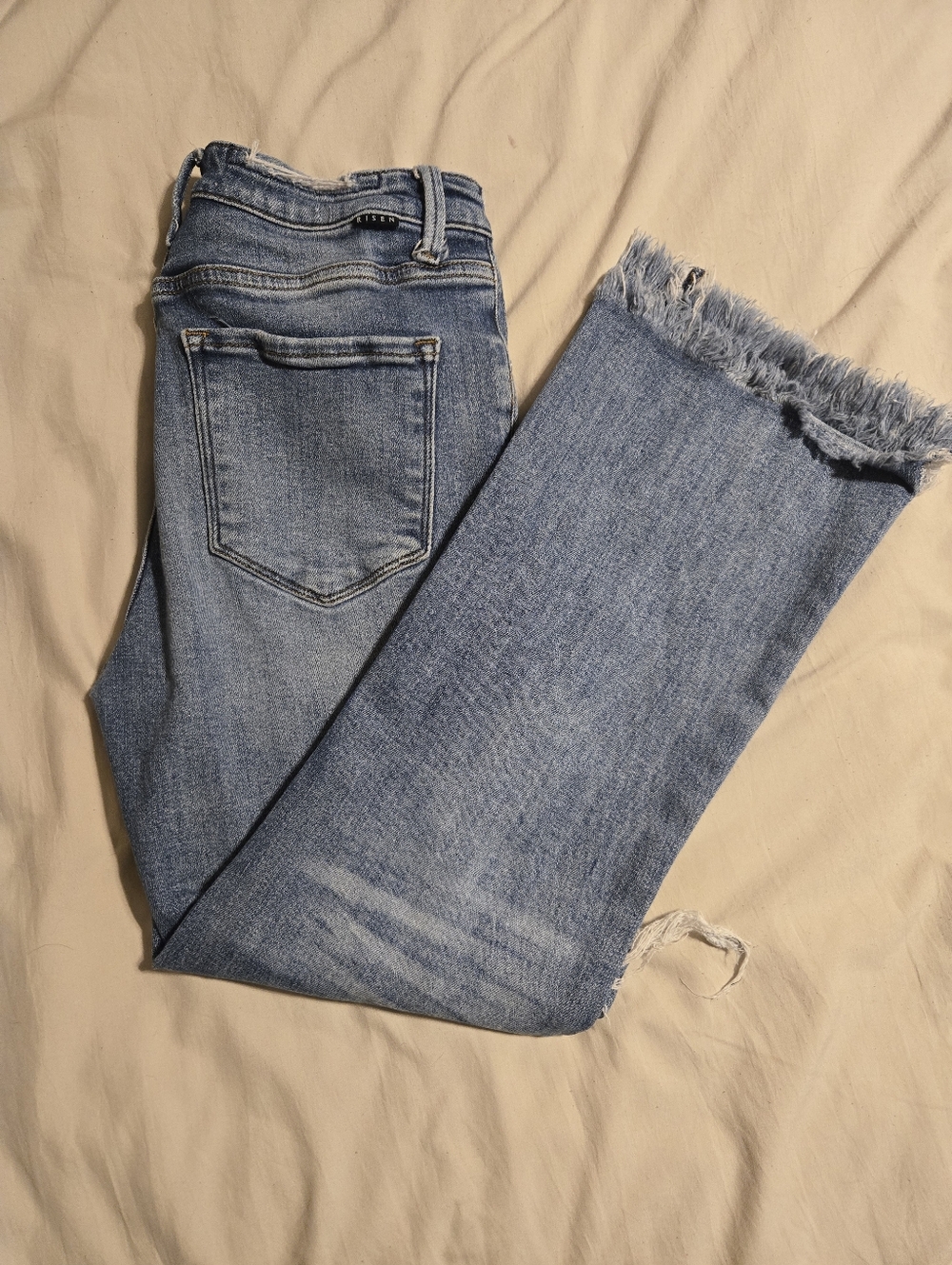 Risen Jeans Size 7/28 Light Wash Distressed Raw Hem Flare Cropped Denim HighRise